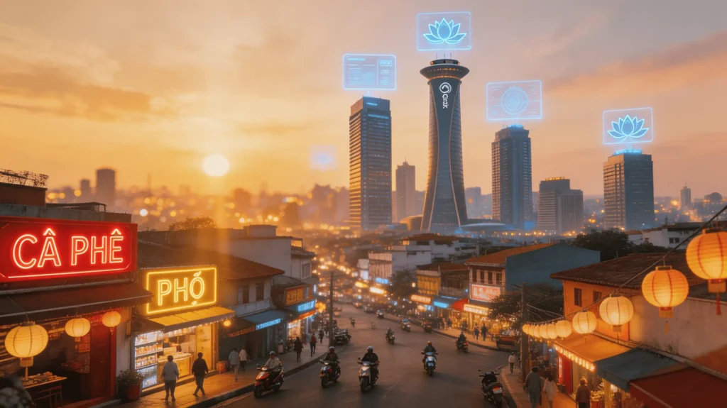 Branding in Vietnam 2026 digital-first strategy with Ho Chi Minh City skyline and futuristic brand overlays