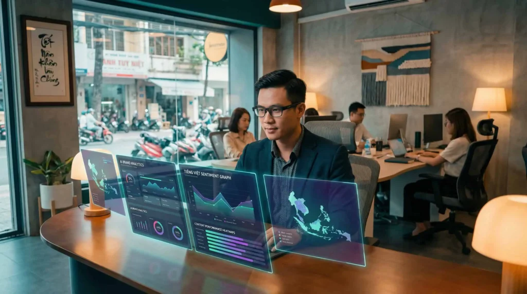 Branding in Vietnam AI strategy tools used by brand strategist analyzing digital marketing data in modern Saigon office