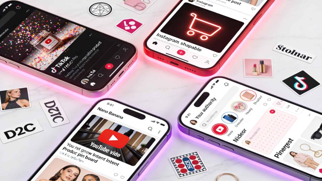 Social media strategy for D2C brands in USA 2026 showcasing content, influencer marketing, and social commerce growth framework