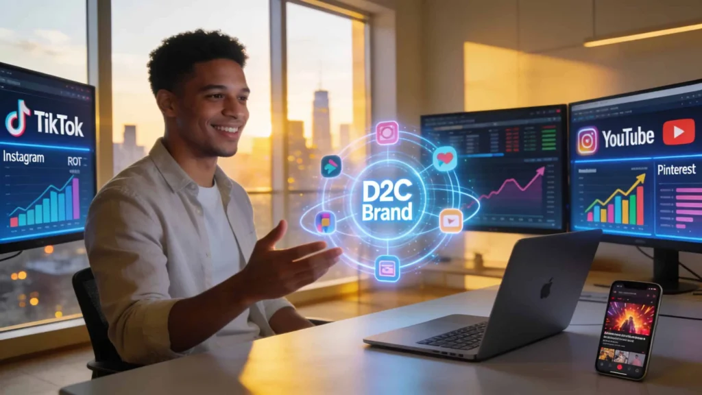 Social Media Strategy D2C USA entrepreneur managing AI-powered multi-platform dashboard with TikTok Instagram YouTube analytics