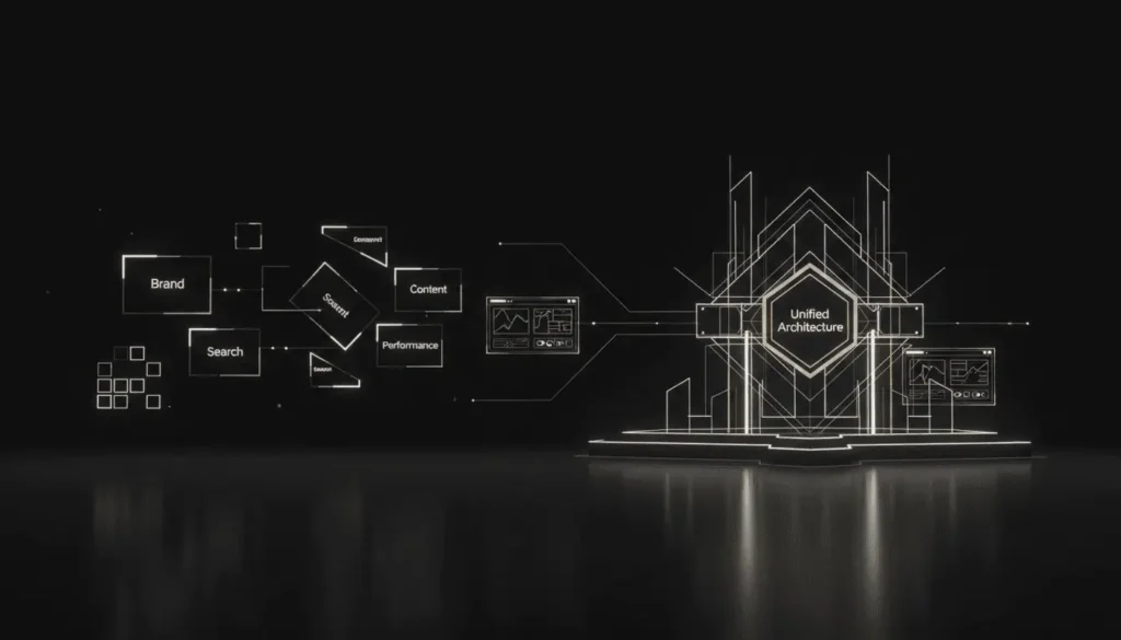 Dark cinematic scene transitioning from fragmented, disconnected elements labeled “Brand,” “Search,” “Content,” and “Performance” into a unified glowing architectural system labeled “Growth System,” illustrating the shift from scattered marketing activity to structured, aligned growth.