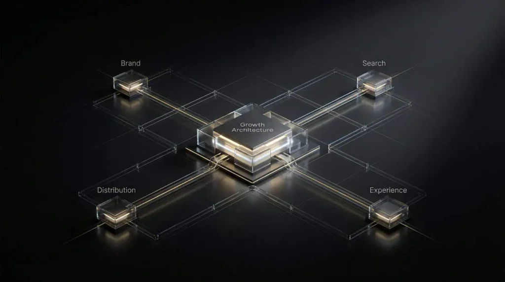 Minimal dark architectural system diagram with a glowing central hub labeled “Growth Architecture,” connected through fine-line pathways to four illuminated nodes labeled “Brand,” “Search,” “Distribution,” and “Experience,” representing an interconnected growth framework.
