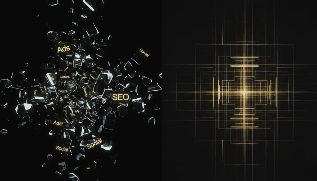 Dark cinematic scene showing a collapsing, fragmented structure surrounded by scattered glowing elements labeled “Campaigns,” “Content,” and “Ads,” contrasted with a smaller, perfectly aligned and stable structure labeled “Structure,” symbolizing ineffective activity versus structured growth.