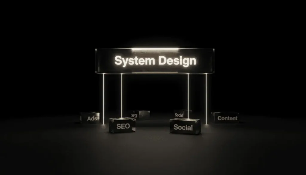 Dark minimal architectural scene with a dominant glowing structure labeled “System Design” elevated at the center, casting vertical beams down onto smaller fragmented elements labeled “Ads,” “SEO,” “Social,” and “Content,” symbolizing top-down control where marketing channels are governed by a unified system.